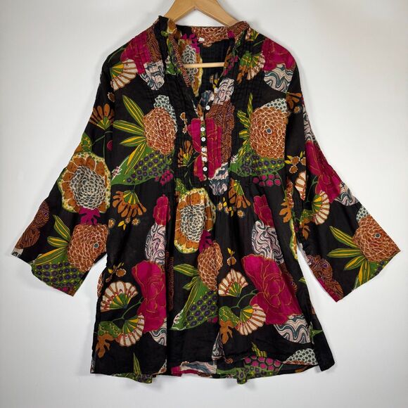 Boho Floral Tunic Blouse Womens Small Black Multicolor Peasant Top Lightweight - Picture 1 of 12